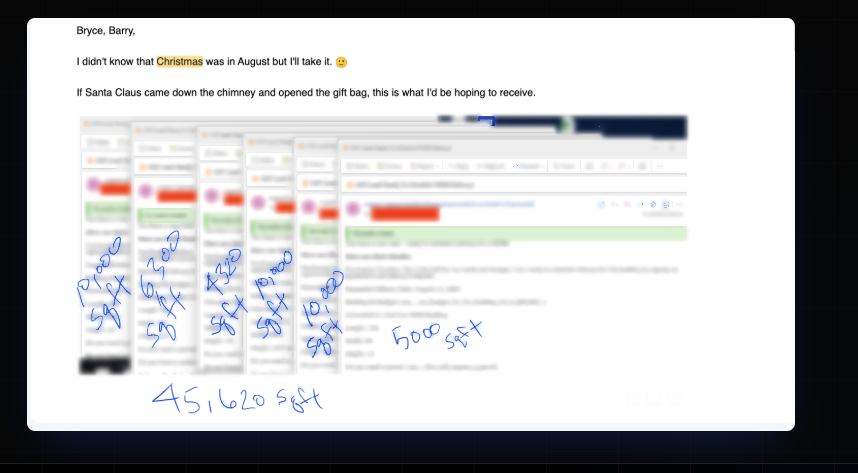 Client email screenshots showing new qualified project opportunities with square footage noted