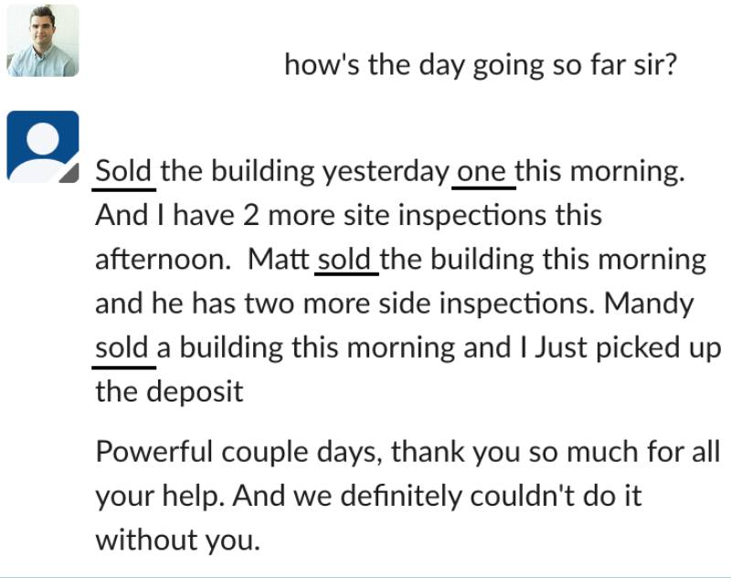 Client message describing four buildings closed and more inspections booked
